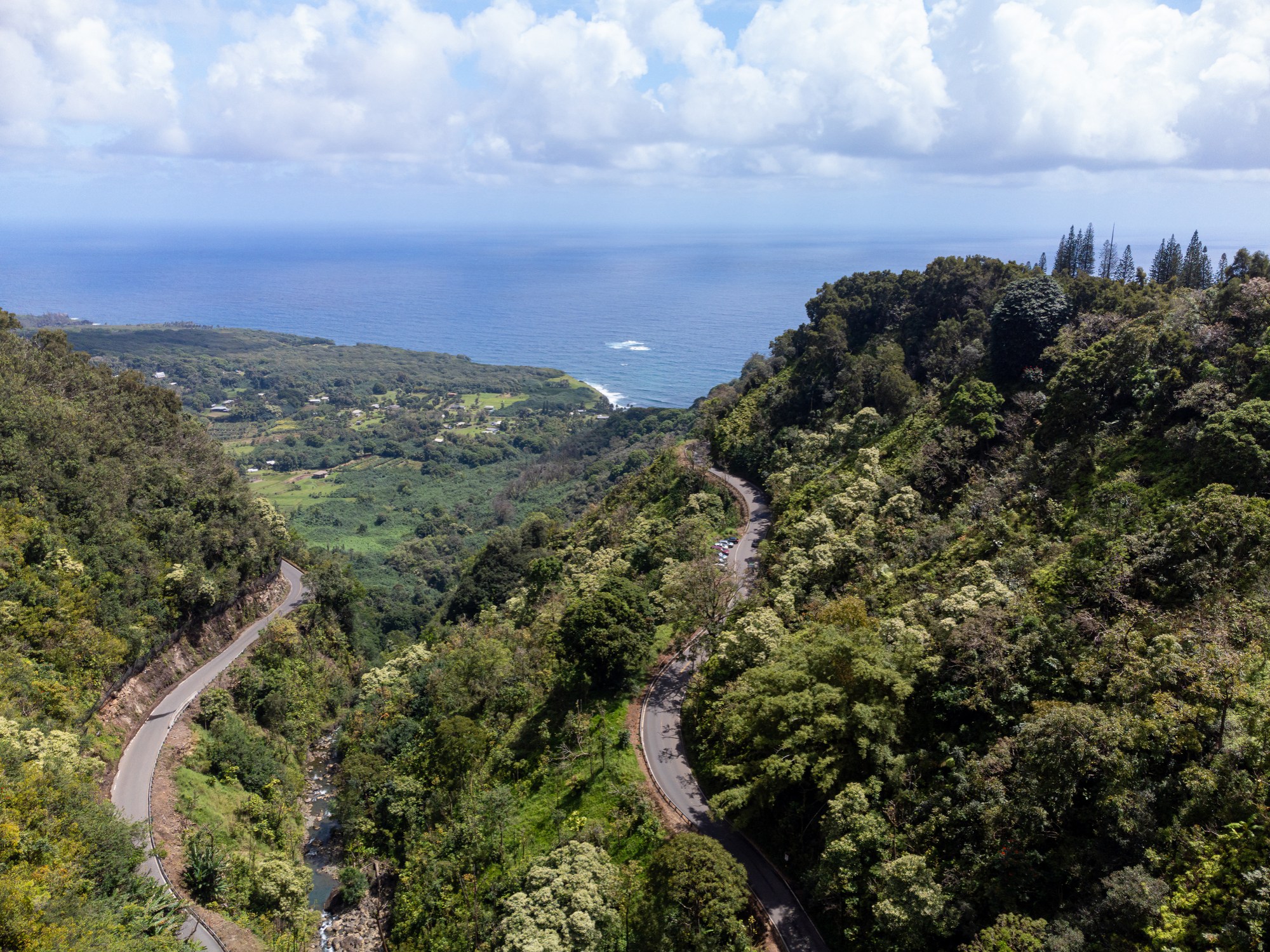 Aerial view of a winding road through lush green hills near the ocean under a partly cloudy sky.