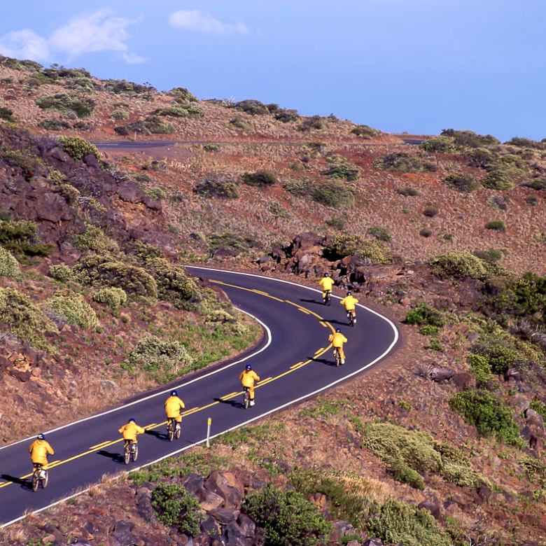 Cyclists in yellow jackets ride down a winding mountain road.