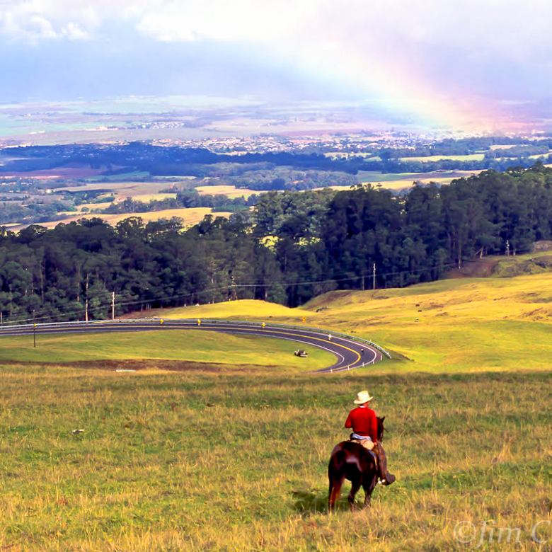 Person on horseback riding across a grassy field with a rainbow and distant hills in the background.
